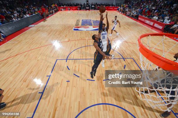 Frank Ntilikina of the New York Knicks shoots the ball against the Utah Jazz during the 2018 Las Vegas Summer League on July 8, 2018 at the Cox...