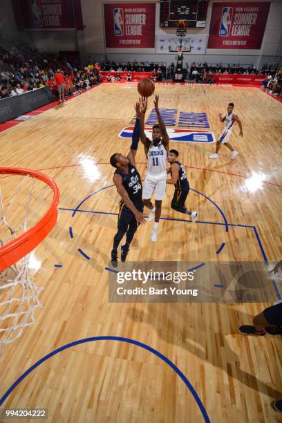 Frank Ntilikina of the New York Knicks shoots the ball against the Utah Jazz during the 2018 Las Vegas Summer League on July 8, 2018 at the Cox...