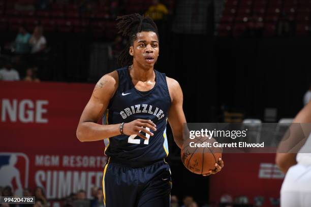 Deyonta Davis of the Memphis Grizzlies handles the ball against the Orlando Magic during the 2018 Las Vegas Summer League on July 8, 2018 at the...