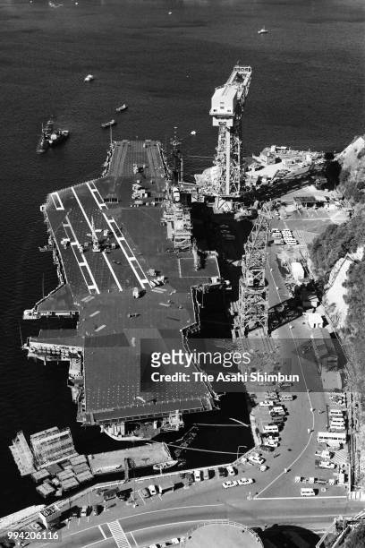 In this aerial image, USS Midway is seen at the U.S. Yokosuka Base on January 5, 1986 in Yokosuka, Kanagawa, Japan.
