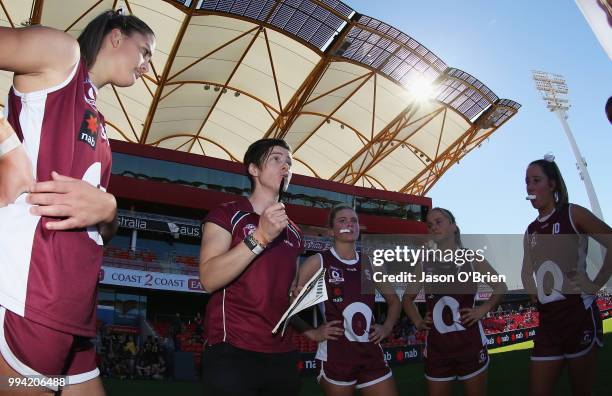 Queensland coach Sam Virgo talks to the players during the AFLW U18 Championships match between Queensland and Vic Country at Metricon Stadium on...