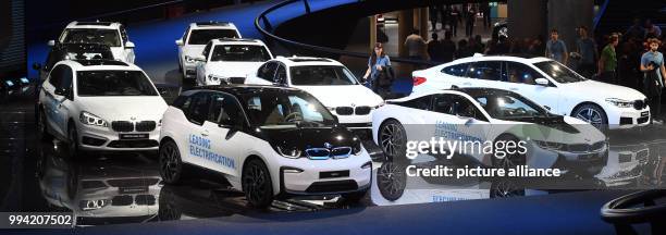 Various electrically driven BMW models can be seen at the Internationale Automobil-Ausstellung in Frankfurt am Main, Germany, 13 September 2017. From...