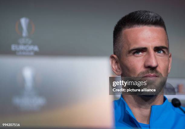 Hertha's player Vedad Ibisevic speaks during a press conference regarding the Europa League Group Stage match between Hertha BSC nad Athletic Bilbao...