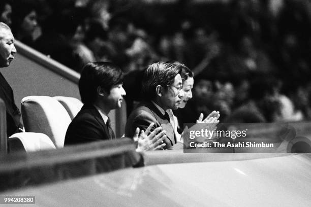 Prince Naruhito, Crown Prince Akihito, Crown Princess Michiko and Princess Sayako watch sumo bouts on day eight of the Grand Sumo New Year Tournament...