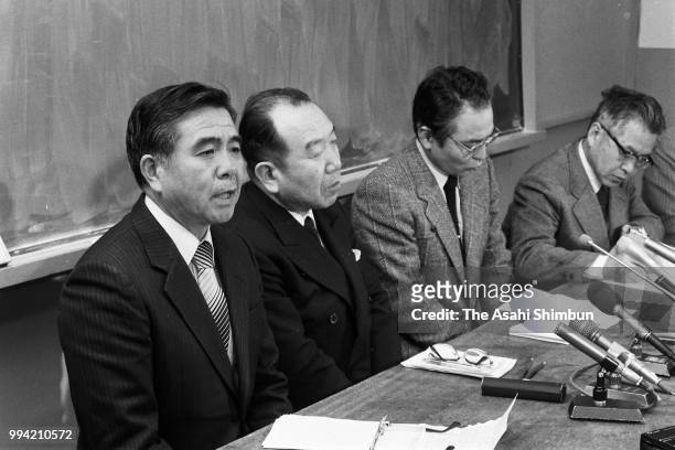 School master Isao Nishikawa speaks during a press conference as 13-year-old Hirofumi Shikagawa committed suicide after being bullied on February 3,...