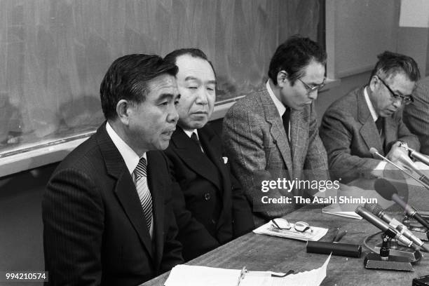 School master Isao Nishikawa speaks during a press conference as 13-year-old Hirofumi Shikagawa committed suicide after being bullied on February 3,...