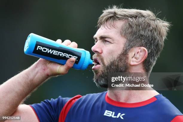 Geoff Parling of the Rebels drinks during a Melbourne Rebels Super Rugby training session at Gosch's Paddock on July 9, 2018 in Melbourne, Australia.