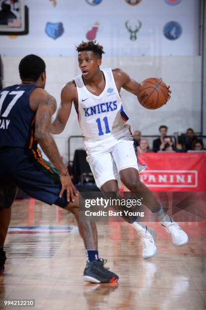 Frank Ntilikina of the New York Knicks handles the ball against the Utah Jazz during the 2018 Las Vegas Summer League on July 8, 2018 at the Cox...