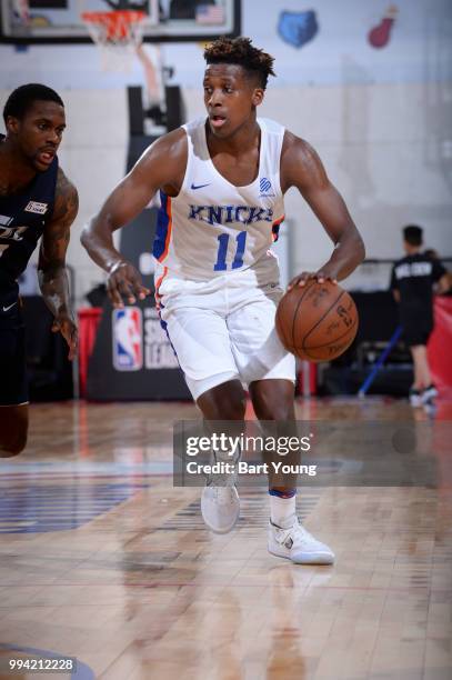 Frank Ntilikina of the New York Knicks handles the ball against the Utah Jazz during the 2018 Las Vegas Summer League on July 8, 2018 at the Cox...