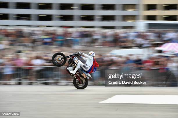 Travis Pastrana peforms during HISTORY's Live Event "Evel Live" on July 8, 2018 in Las Vegas, Nevada.