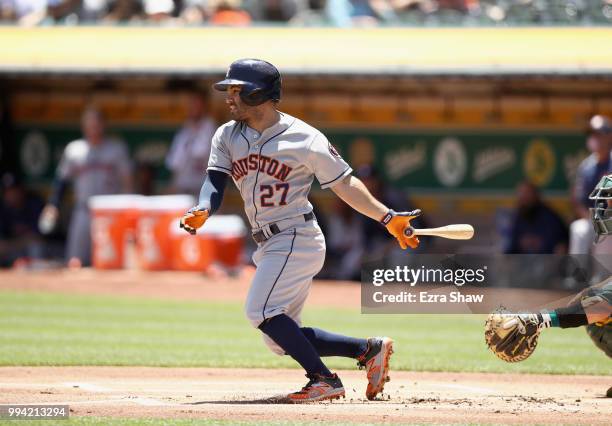 Jose Altuve of the Houston Astros bats against the Oakland Athletics at Oakland Alameda Coliseum on June 14, 2018 in Oakland, California.