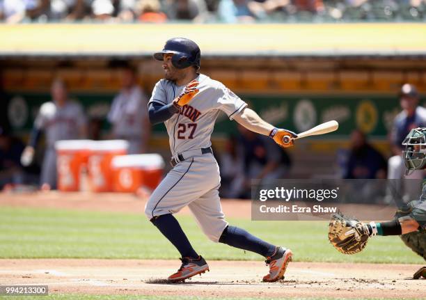 Jose Altuve of the Houston Astros bats against the Oakland Athletics at Oakland Alameda Coliseum on June 14, 2018 in Oakland, California.