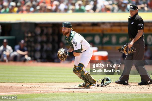 Jonathan Lucroy of the Oakland Athletics in action against the Houston Astros at Oakland Alameda Coliseum on June 14, 2018 in Oakland, California.