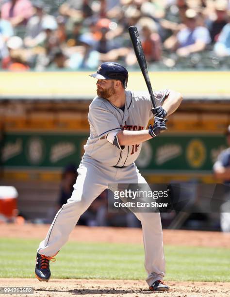 Brian McCann of the Houston Astros bats against the Oakland Athletics at Oakland Alameda Coliseum on June 14, 2018 in Oakland, California.
