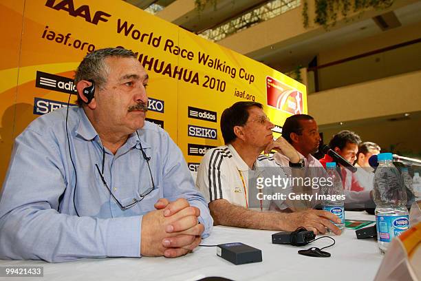 Pierre Weis, general secretary of IAAF and Jose Maria Odriozola attend a press conference during the presentation of the IAAF World Race Walking Cup...