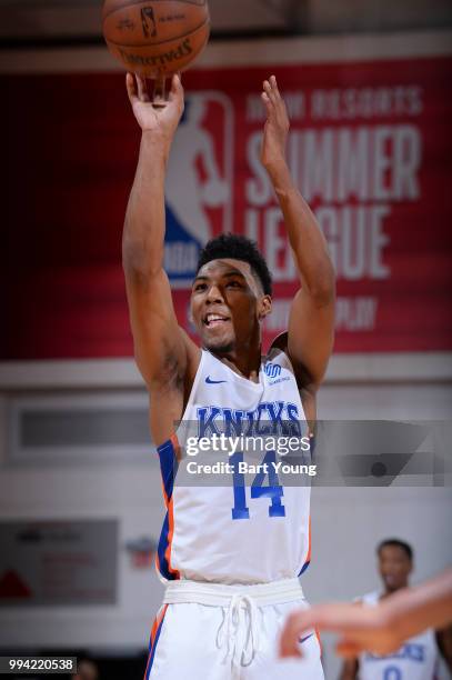 Allonzo Trier of the New York Knicks shoots the ball against the Utah Jazz during the 2018 Las Vegas Summer League on July 8, 2018 at the Cox...