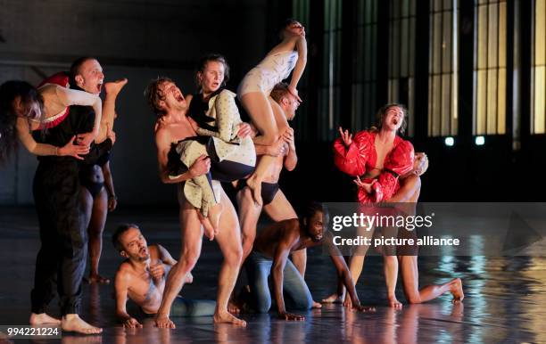 Dancers from the Ensembles Musée de la Danse rehearse Boris Charmatz's piece 'A Dancer's Day - 10000 Gestures' in Hangar 5 of the defunct Tempelhof...