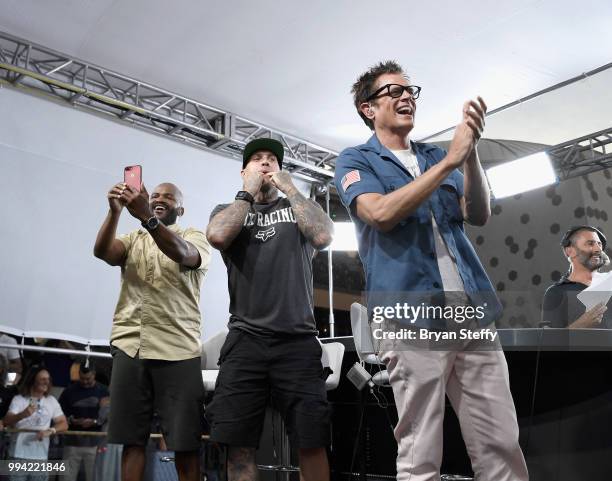 Sal Masekela, Carey Hart and Johnny Knoxville attend HISTORY's Live Event 'Evel Live' at Omnia Nightclub at Caesars Palace on July 8, 2018 in Las...