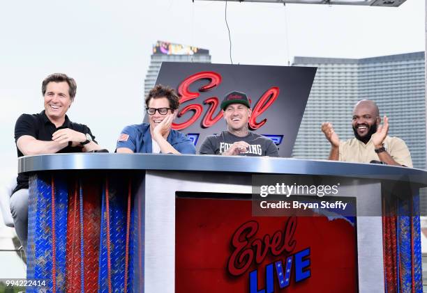 Michael Gervais, Johnny Knoxville, Carey Hart and Sal Masekela speak at the roundtable panel during HISTORY's Live Event 'Evel Live' at Omnia...