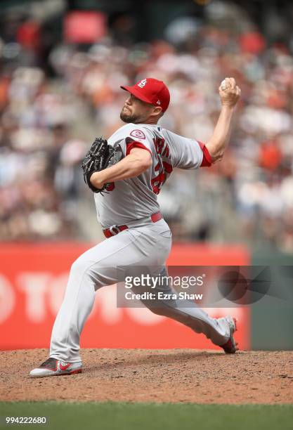 Bud Norris of the St. Louis Cardinals pitches against the San Francisco Giants in the ninth inning at AT&T Park on July 7, 2018 in San Francisco,...
