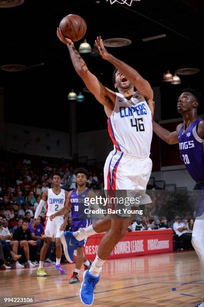 Grant Jerrett of the LA Clippers shoots the ball against the Sacramento Kings during the 2018 Las Vegas Summer League on July 8, 2018 at the Cox...