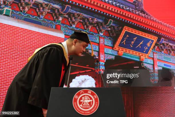 Yao Ming graduated from Shanghai Jiao Tong University after seven years on 08 July 2018 in Shanghai, China.