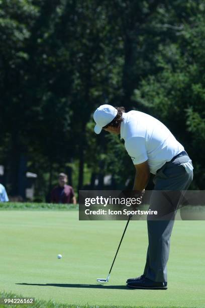 Phil Mickelson putts on the 7th green during the final round of the Military Tribute at the Greenbrier in White Sulphur Springs, WV, on July 8, 2018.
