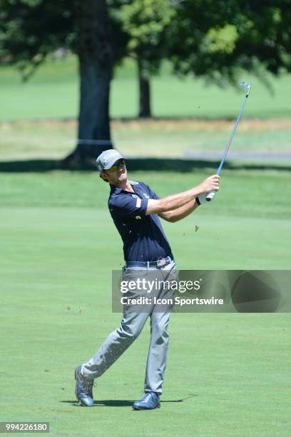 Lanto Griffin hits his approach shot to the 7th hole during the final round of the Military Tribute at the Greenbrier in White Sulphur Springs, WV,...