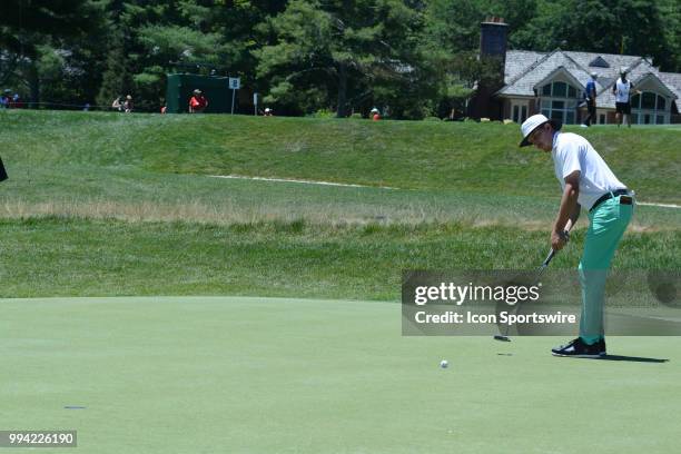 Joel Dahmen putts for birdie on the 2nd hole during the final round of the Military Tribute at the Greenbrier in White Sulphur Springs, WV, on July...