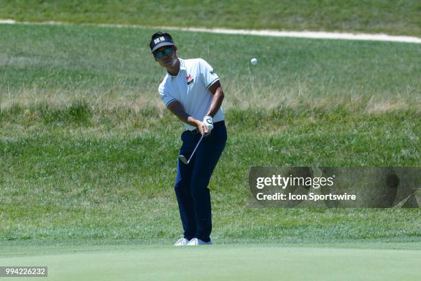 Kevin Na hits his chip on the third green during the final round of the Military Tribute at the Greenbrier in White Sulphur Springs, WV, on July 8,...
