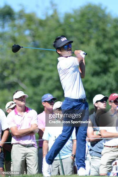 Kevin Na hits his tee shot on the par 5 12th hole during the final round of the Military Tribute at the Greenbrier in White Sulphur Springs, WV, on...