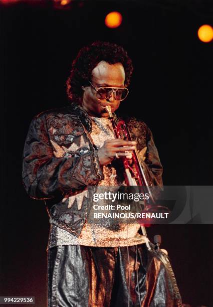 Miles Davis en concert au Zénith lors du festival de jazz de Paris le 3 novembre 1989, France.