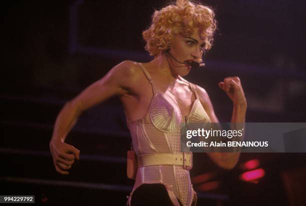 Madonna on stage at Bercy concert hall on July 3, 1990 in Paris, France.