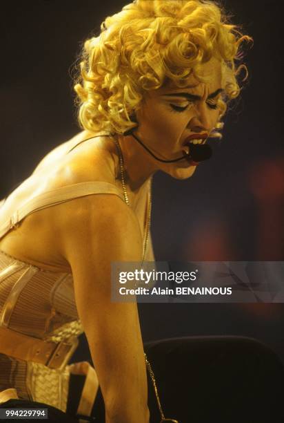 Madonna on stage at Bercy concert hall on July 3, 1990 in Paris, France.