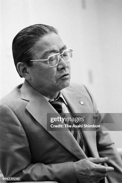 Mitsukoshi Department Store President Yoshiaki Sakakura speaks during the Asahi Shimbun interview on April 19, 1986 in Tokyo, Japan.