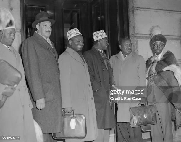 Ronald Ngala , Tom Mboya , Mbiyu Koinange and Julius Gikonyo Kiano are among those arriving at Lancaster House in London for the Kenya Conference,...