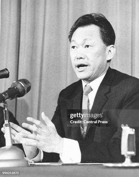 Lee Kuan Yew , the Prime Minister of Singapore, speaking at a press conference at the Hyde Park Hotel in London at the end of the Commonwealth Prime...