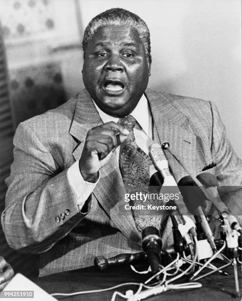 Joshua Nkomo , a leader of the Zimbabwe African People's Union , holds a press conference, circa 1975.