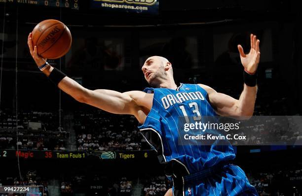 Marcin Gortat of the Orlando Magic against the Atlanta Hawks during Game Three of the Eastern Conference Semifinals during the 2010 NBA Playoffs at...