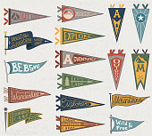 Set of adventure, outdoors, camping colorful pennants. Retro labels on textured background. Hand drawn wanderlust style. Pennant travel flags design