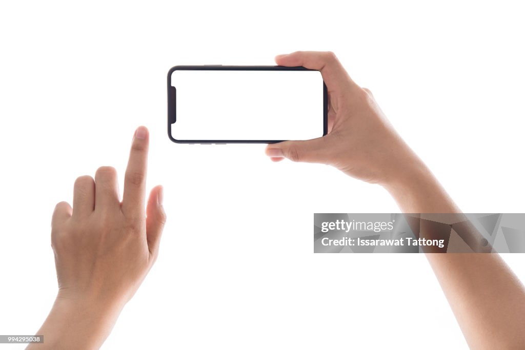 Smartphone in female hands taking photo isolated on white blackground