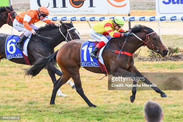Invincible Fille ridden by Dean Yendall wins the Mildura Cup Packages Available Now Maiden Plate at Mildura Racecourse on July 09, 2018 in Mildura,...