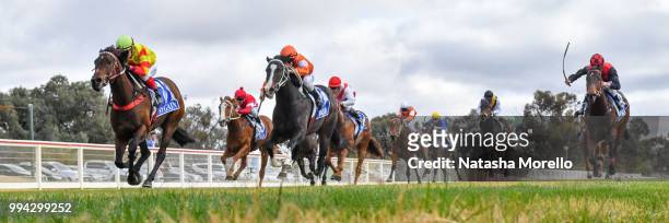 Invincible Fille ridden by Dean Yendall wins the Mildura Cup Packages Available Now Maiden Plate at Mildura Racecourse on July 09, 2018 in Mildura,...