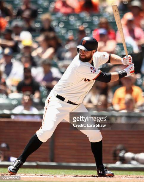Brandon Belt of the San Francisco Giants bats against the Colorado Rockies at AT&T Park on June 28, 2018 in San Francisco, California.