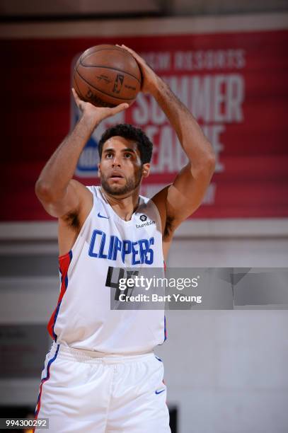 Grant Jerrett of the LA Clippers shoots the ball against the Sacramento Kings during the 2018 Las Vegas Summer League on July 8, 2018 at the Cox...