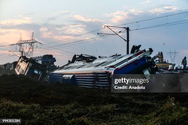 Photo shows the scene after several bogies of a passenger train derailed at the Sarilar village of Tekirdags Corlu district on July 09, 2018. The...