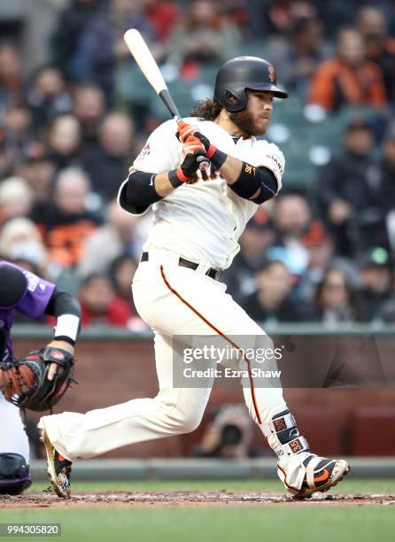 Brandon Crawford of the San Francisco Giants bats against the Colorado Rockies at AT&T Park on June 27, 2018 in San Francisco, California.