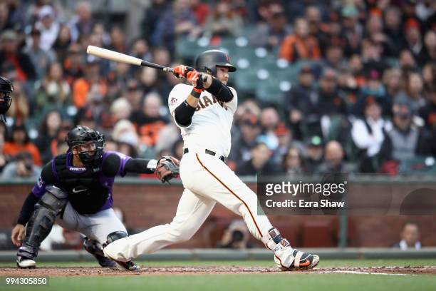 Brandon Crawford of the San Francisco Giants bats against the Colorado Rockies at AT&T Park on June 27, 2018 in San Francisco, California.