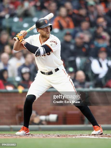 Hunter Pence of the San Francisco Giants bats against the Colorado Rockies at AT&T Park on June 27, 2018 in San Francisco, California.