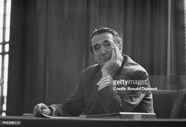British businessman Robert Maxwell , former owner of Pergamon Press, pictured seated at a desk in London on 21st November 1973.